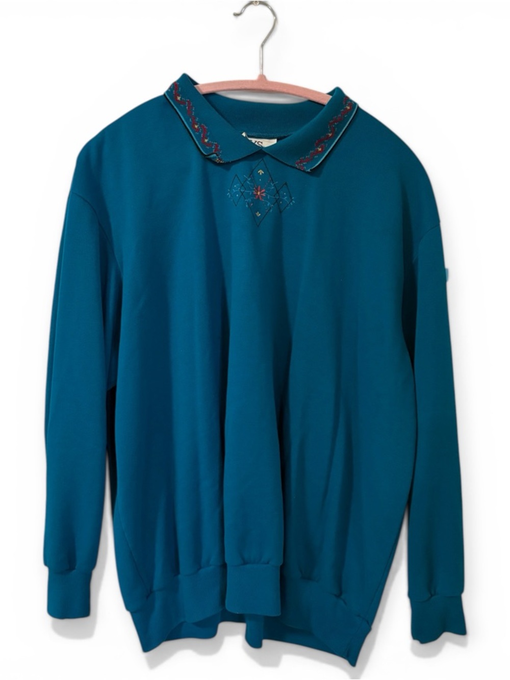 Women’s Teal Embroidered Polo-Collar Sweatshirt